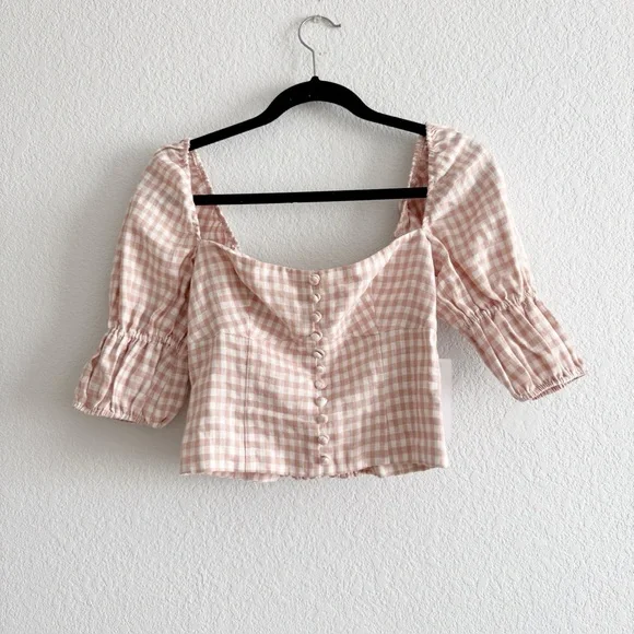 Reformation Norton Linen Top Blush Check - Picture 2 of 7